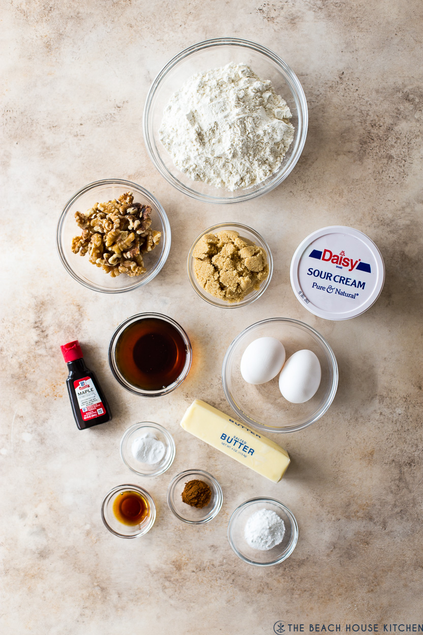 Overhead photo of ingredients for a maple walnut single layer cake