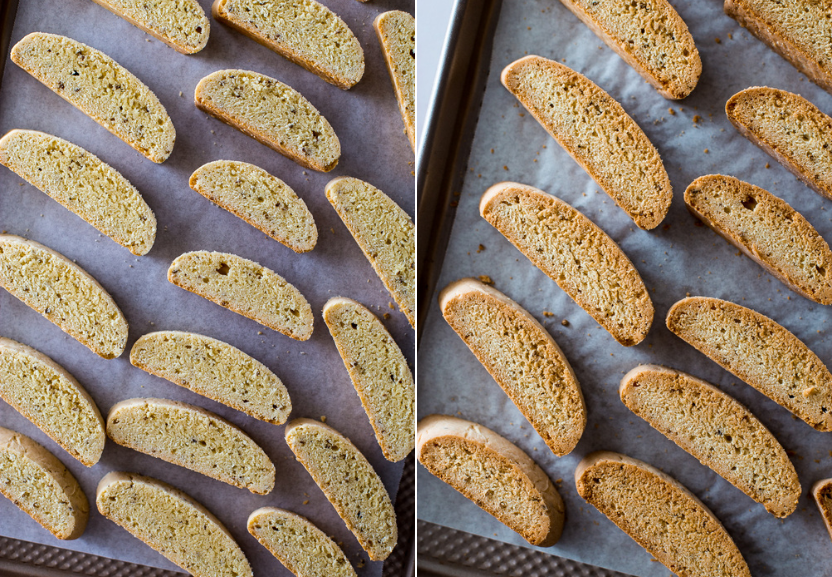 Diptich of pre-baked biscotti slices and baked biscotti slices
