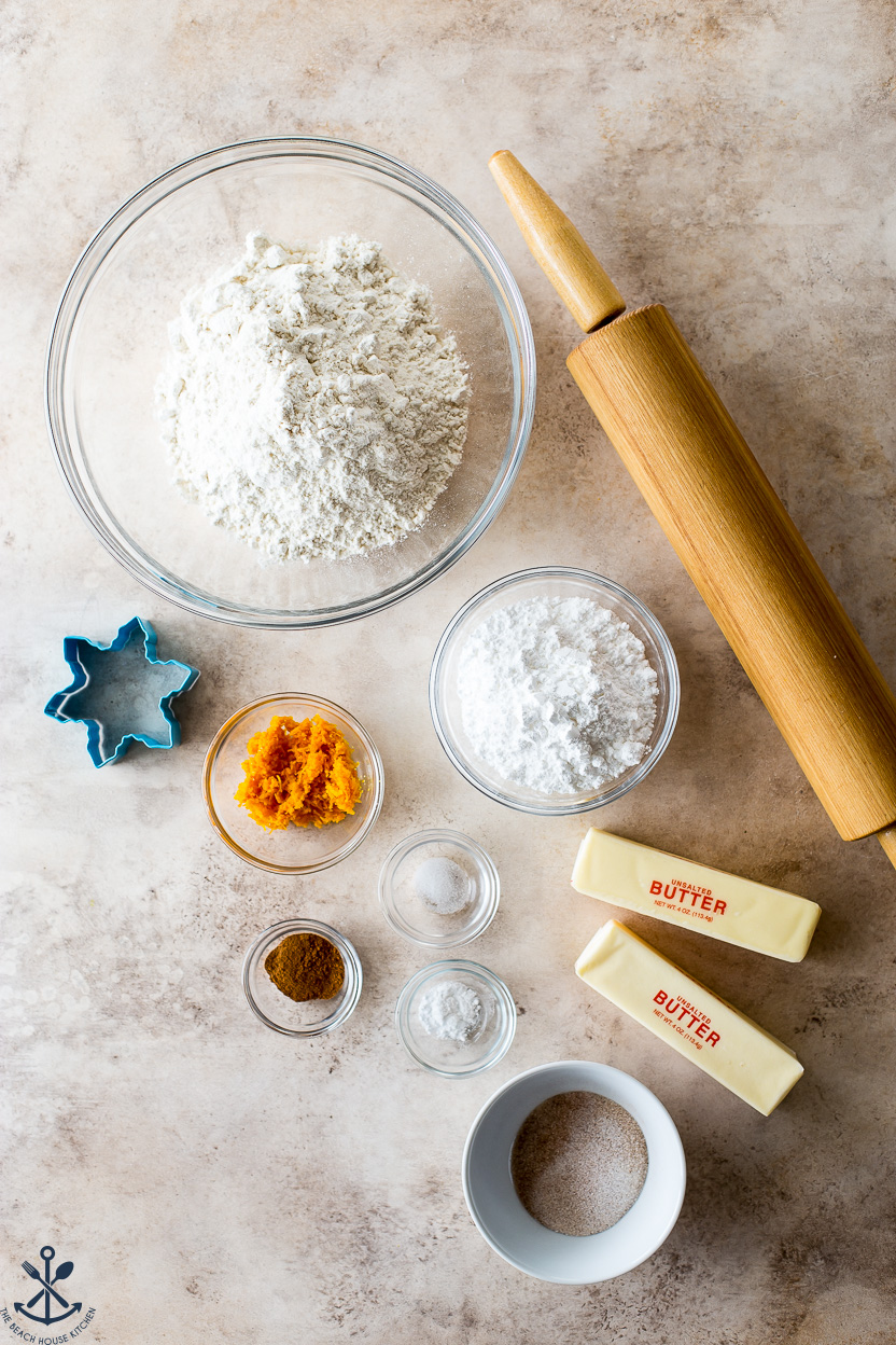 Overhead photo of ingredients for cinnamon orange cookies
