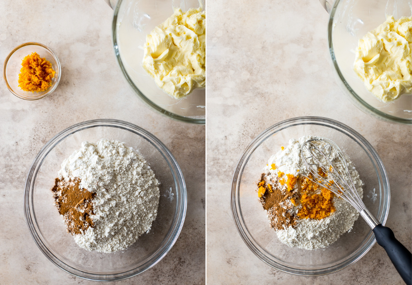 Diptich of flour mixture in a glass bowl and flour mixture topped with orange zest in a glass bowl