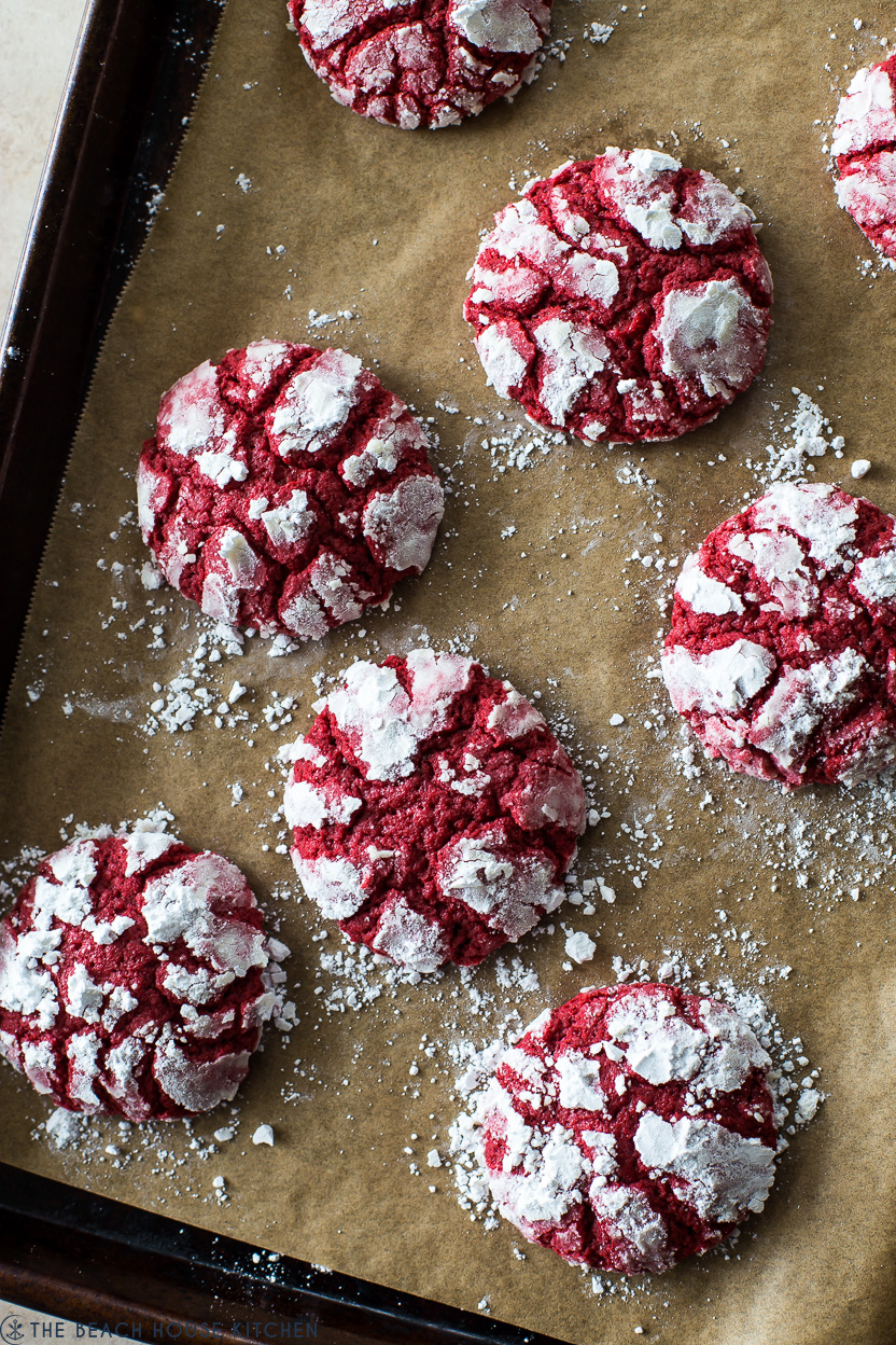 Overhead photo of a tray of red velvet crinkle cookies