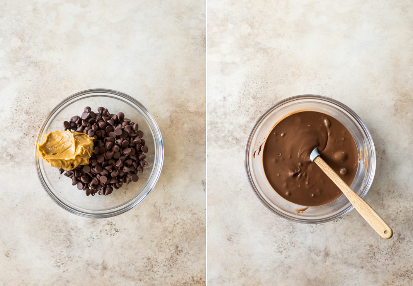 Diptich of a glass bowl of chocolate chips and peanut butter and a glass bowl of melted chocolate