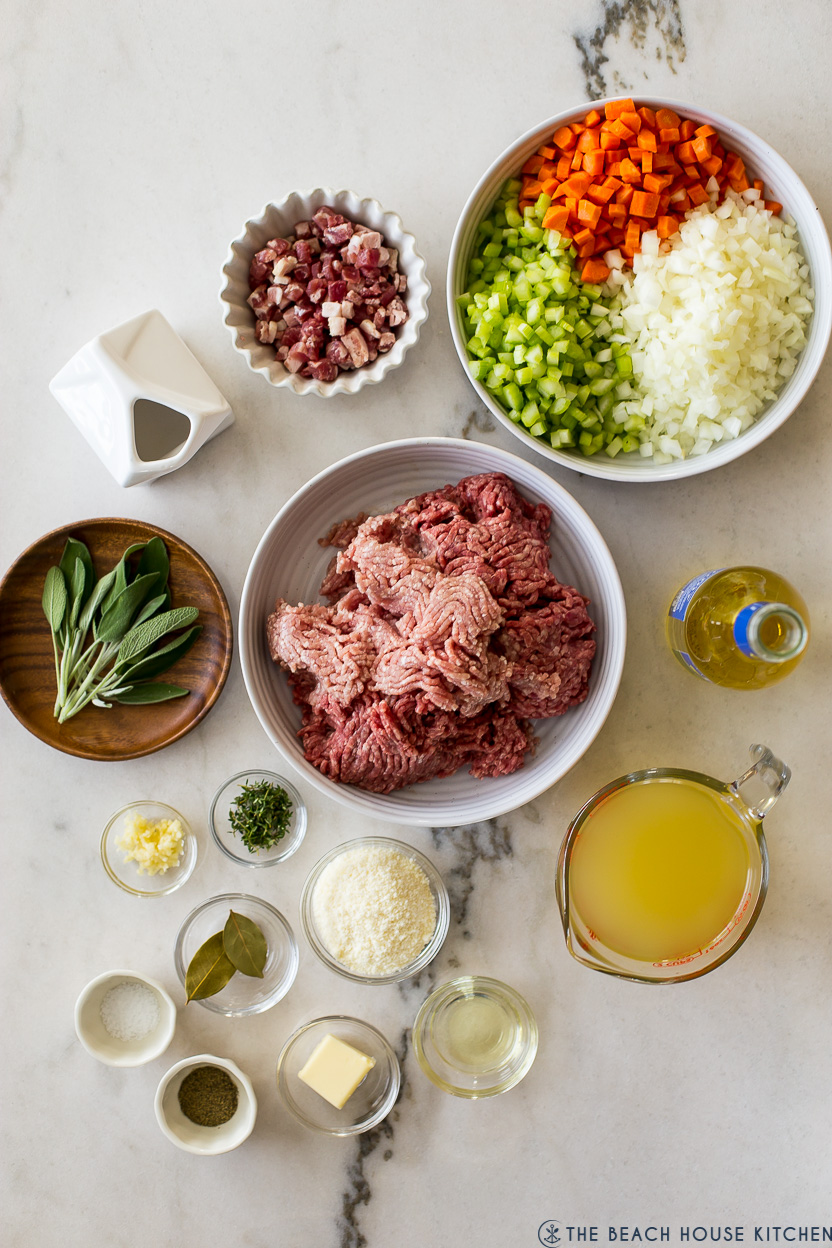 Overhead photo of ingredients for white bolognese