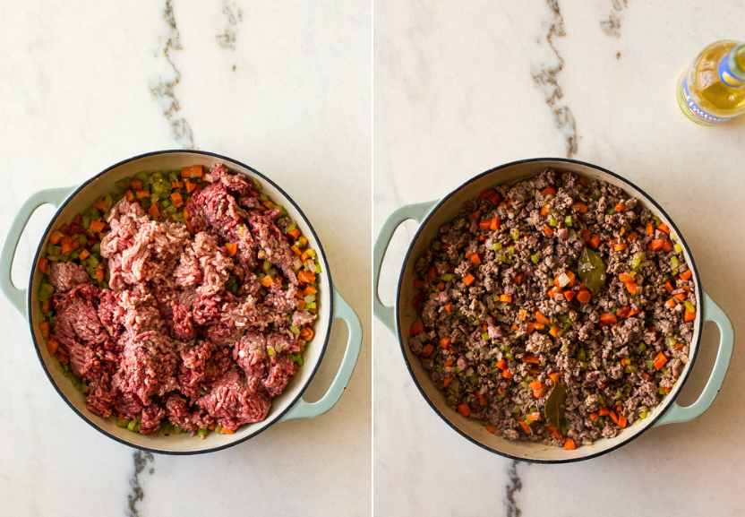 Diptich of skillet of pre-cooked ground meat and a skillet of cooked meat and veggies