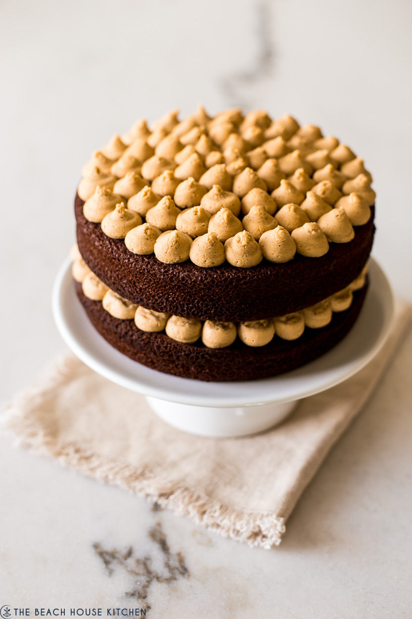 Up close photo of a chocolate layer cake with peanut butter frosting