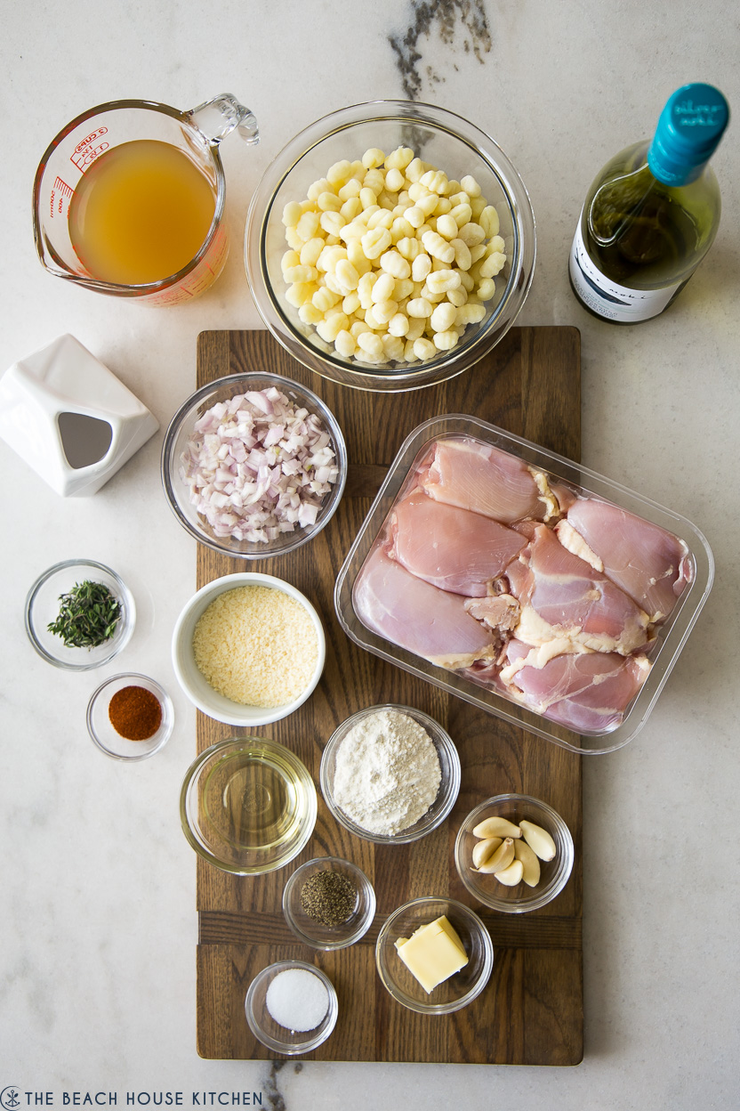 Overhead photo of ingredients for a chicken gnocchi dish