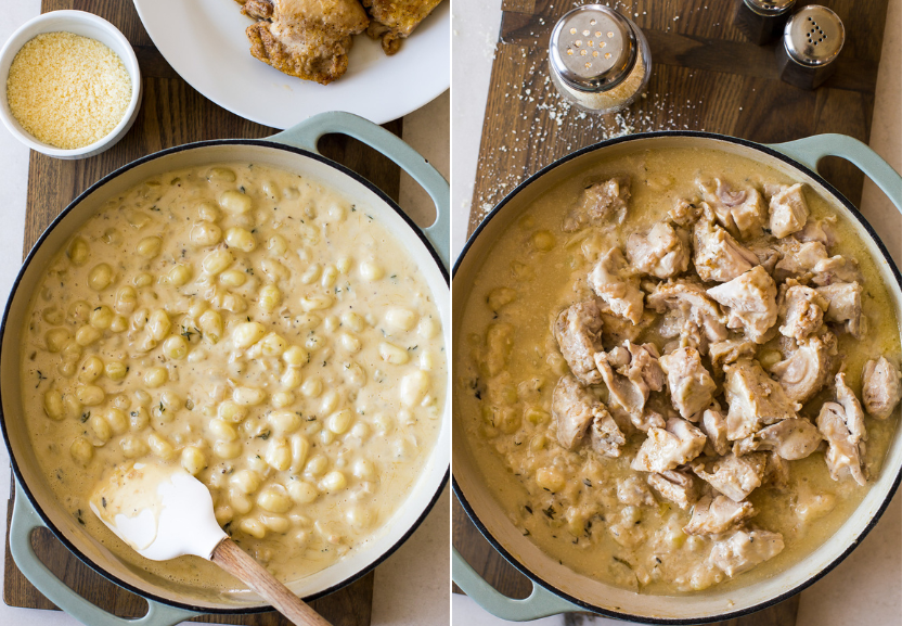 Diptich of skillet with creamy gnocchi and a skillet with creamy gnocchi topped with chicken
