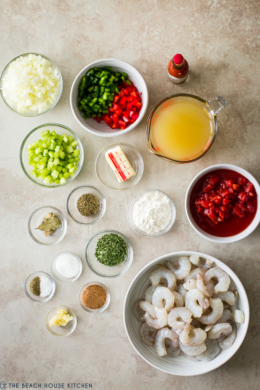 Overhead photo of ingredients for shrimp creole
