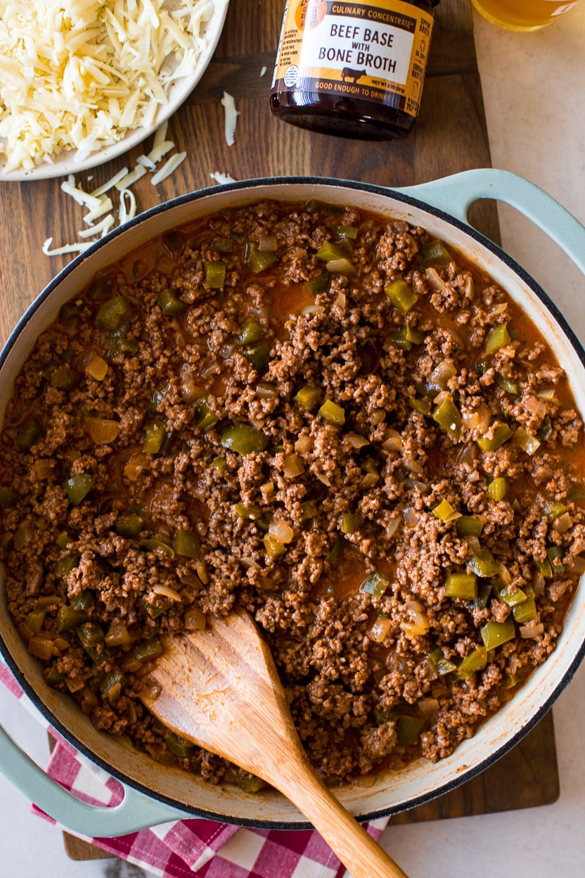 Overhead photo of a skillet of sloppy joes