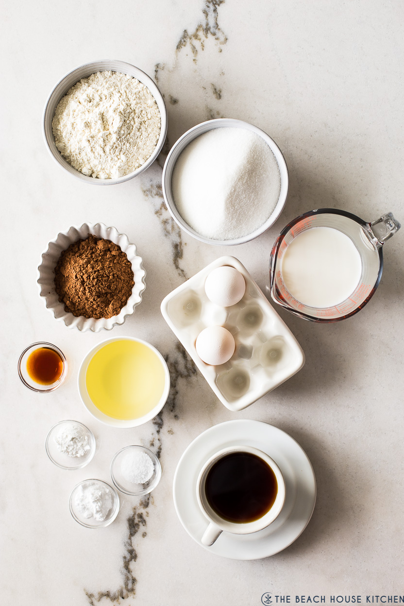 Overhead photo of ingredients for a chocolate cake