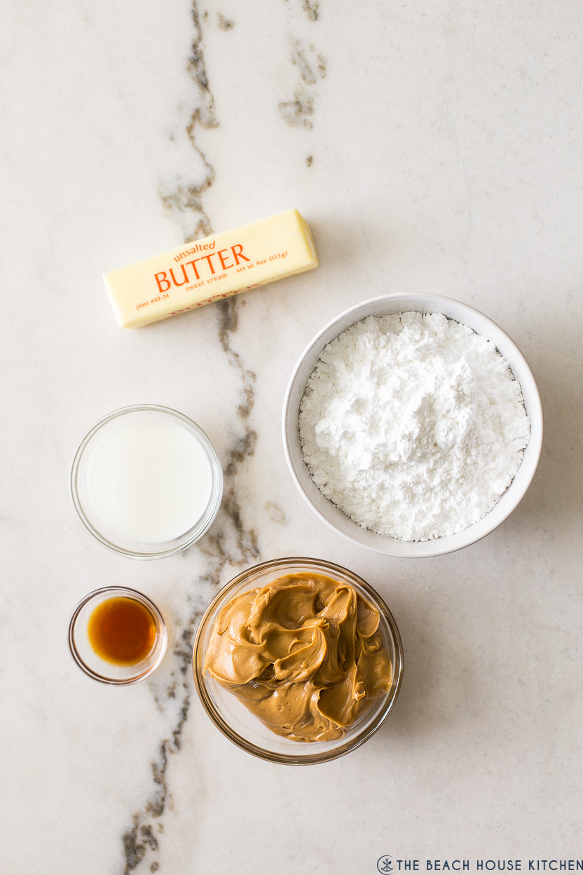 Overhead photo of ingredients for peanut butter frosting