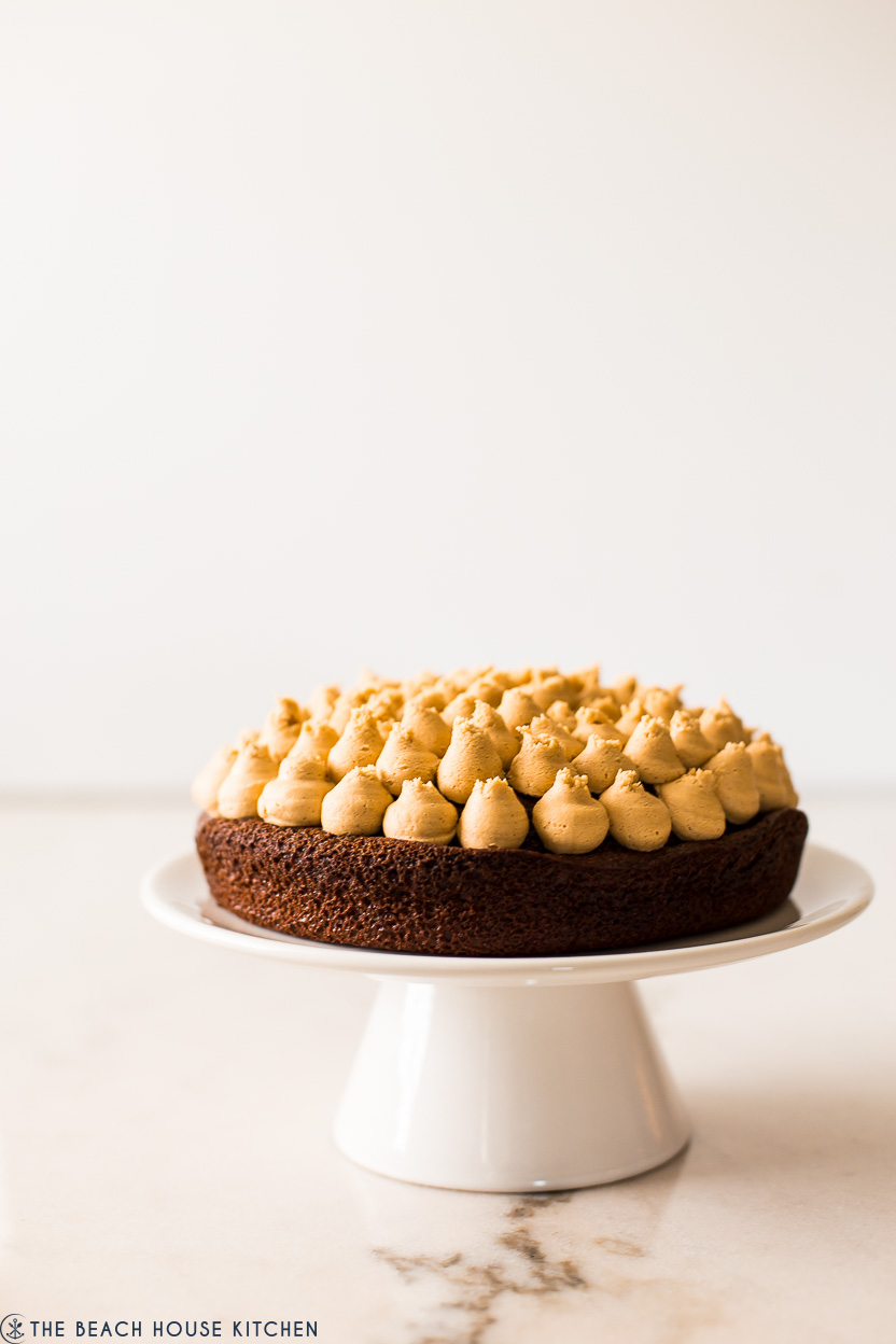 Up close photo of a single chocolate layer cake with piped peanut butter frosting
