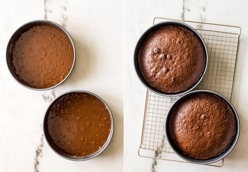 Diptich of two prebaked chocolate cake in round cake pans and baked chocolate cakes in cake pans