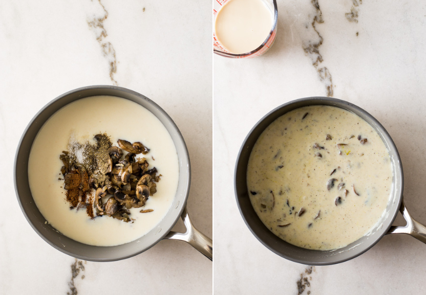 Diptich of soup topped with mushrooms and spices and a saucepan of cream of mushroom soup