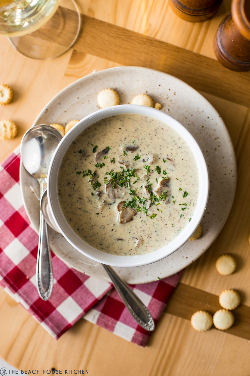 Overhead photo of a bowl of cream of mushroom soup