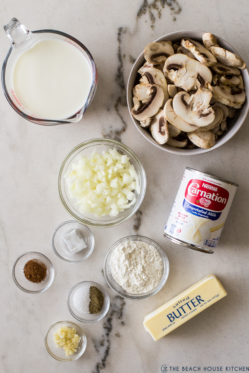 Overhead photo of ingredients for cream of mushroom soup