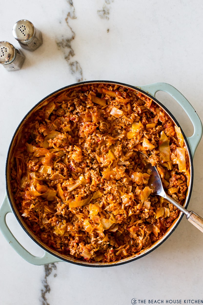 Overhead photo of a skillet of unstuffed cabbage casserole