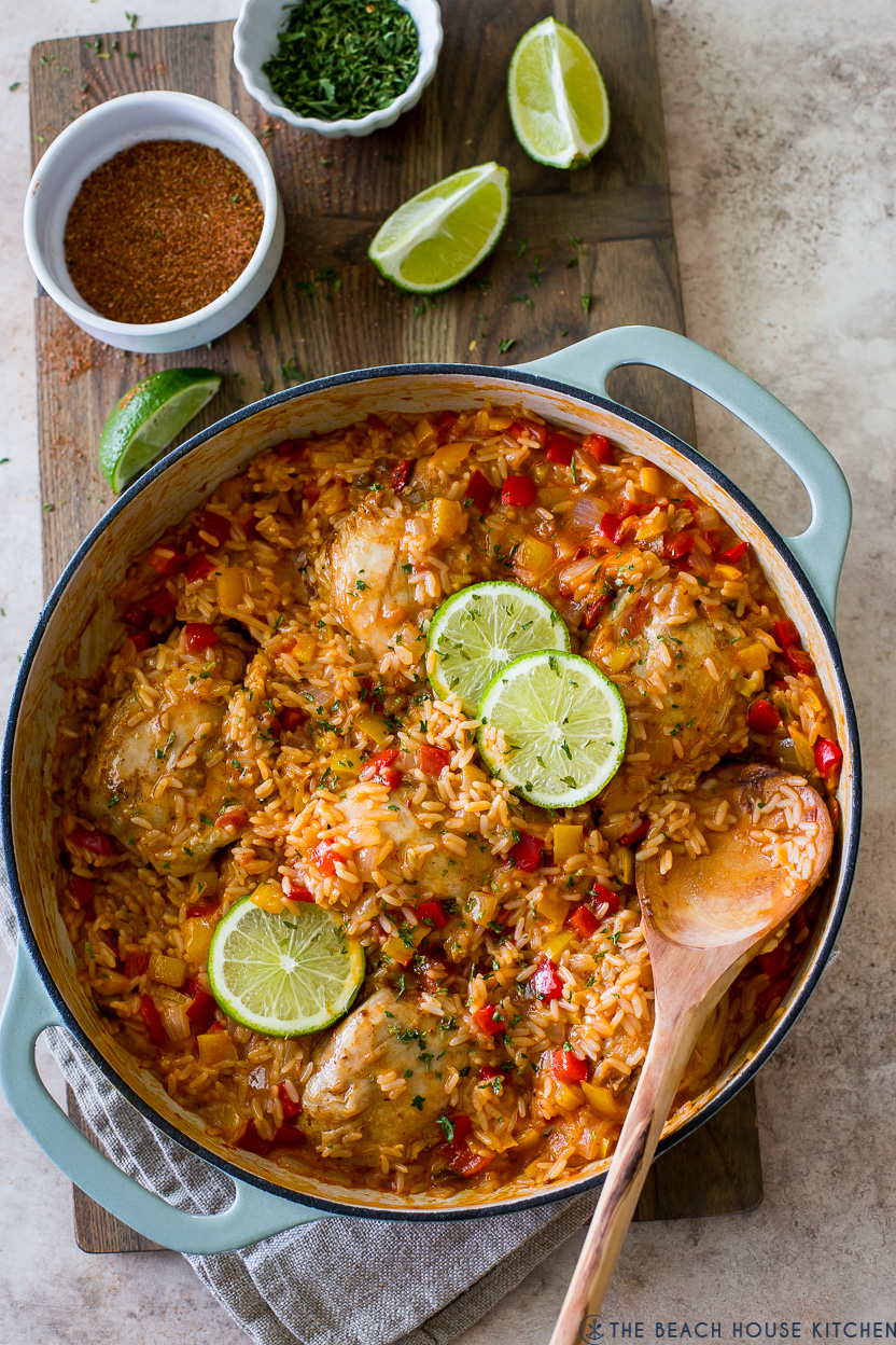 Overhead photo of a salsa chicken and rice skillet dinner
