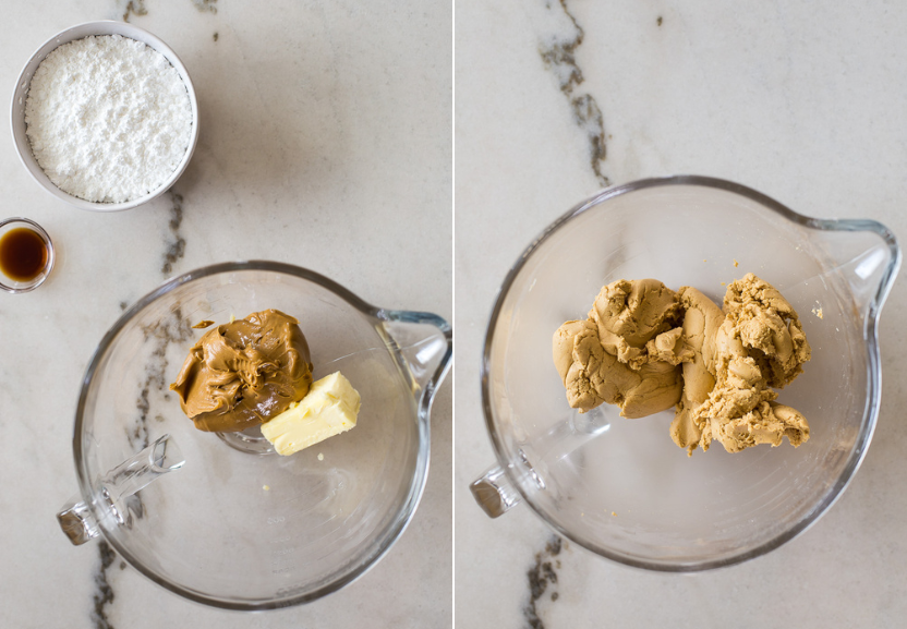 Diptich of a bowl of peanut butter and butter and a bowl of a peanut butter dough