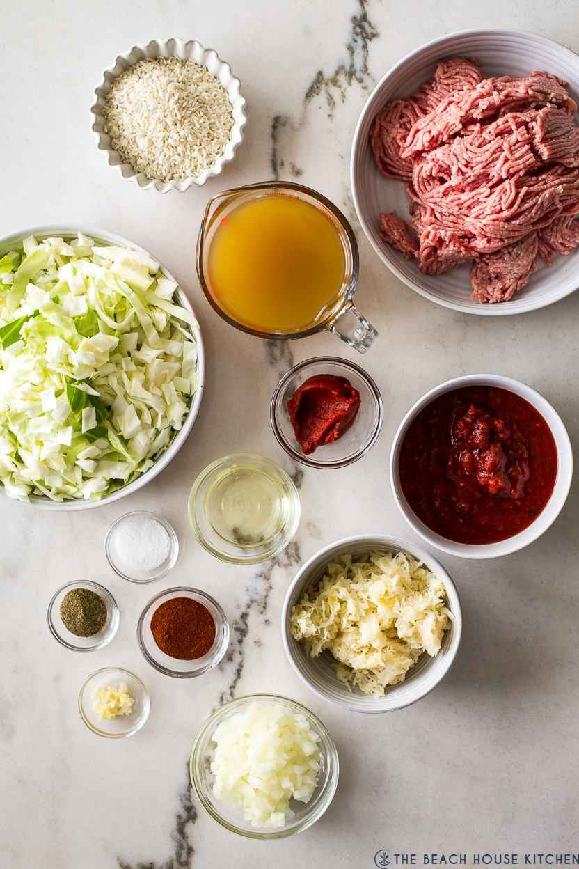 Overhead photo of ingredients for stuffed cabbage casserole
