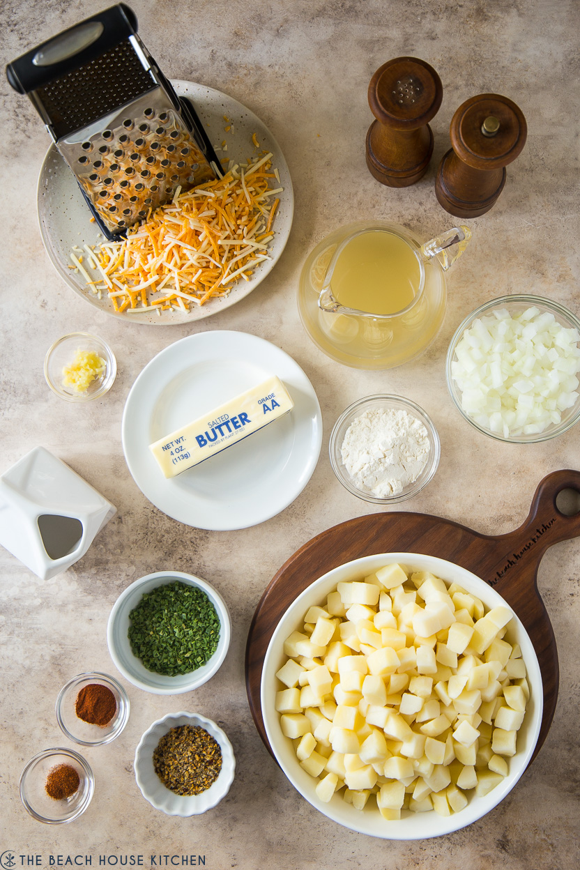 Overhead photo of ingredients for cheesy potatoes