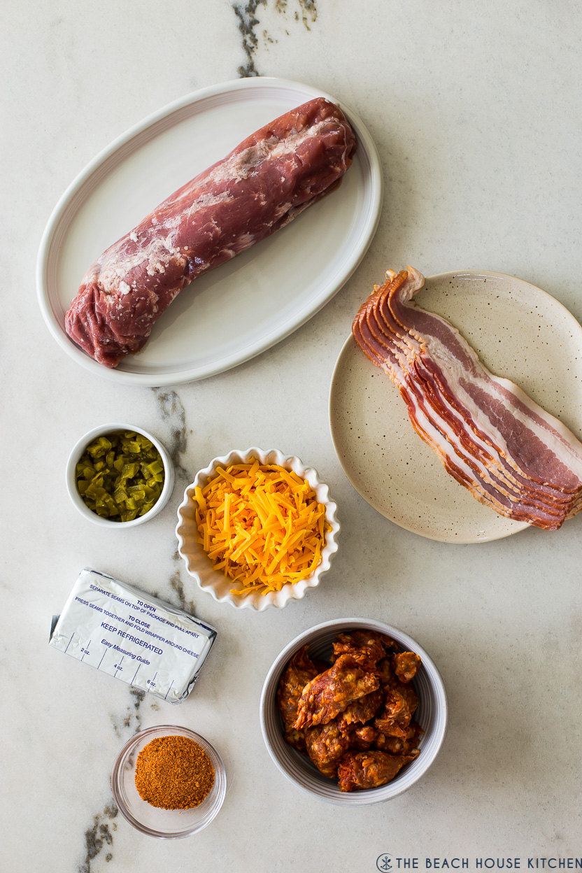 Overhead photo of ingredients for stuffed bacon wrapped pork tenderloin