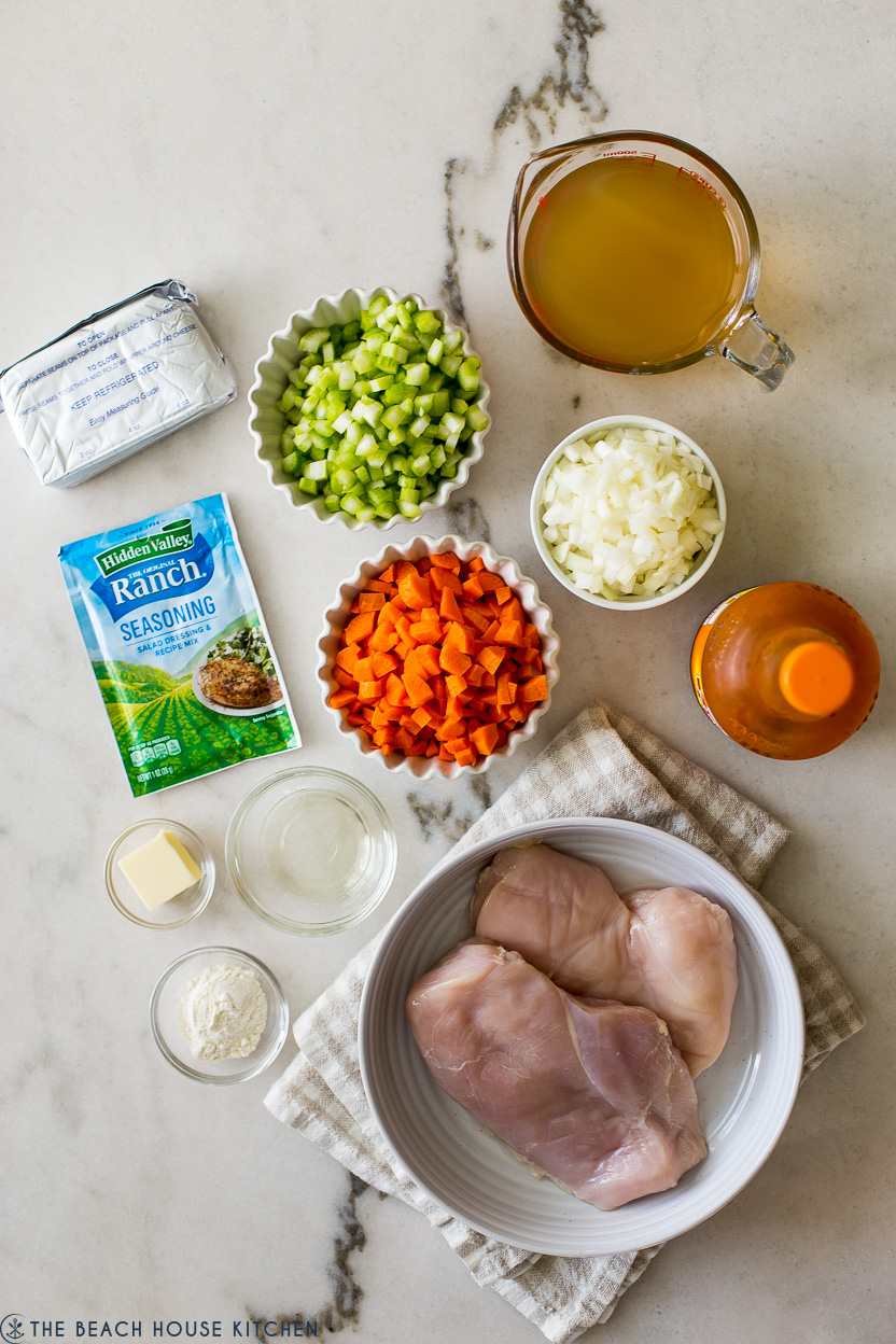 Overhead photo of ingredients for buffalo chicken soup