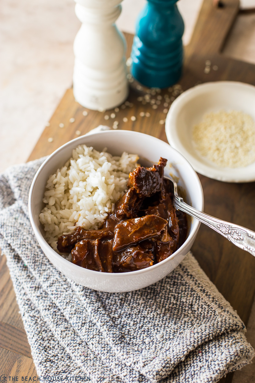 A bowl of pot roast with white rice