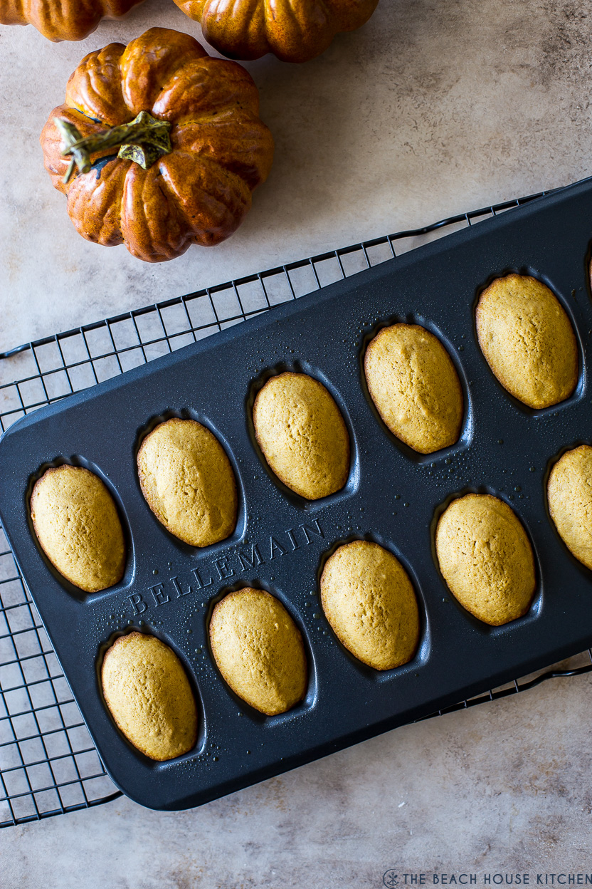 Overhead photo of a tray of baked madeleines