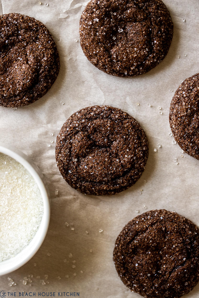 Up close overhead photo of a few chocolate sugar cookies