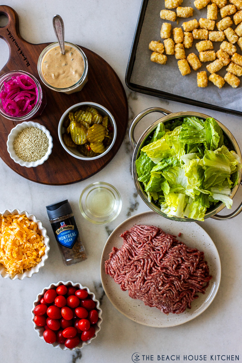 Overhead photo of ingredients for Naked Burger Salad Bowl