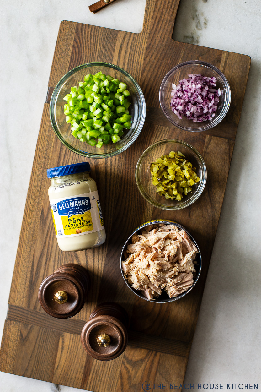 Overhead photo of ingredients for best tuna salad recipe