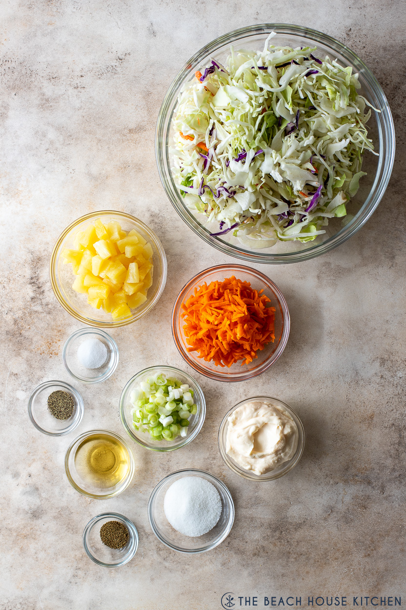 Overhead photo of ingredients for pineapple coleslaw