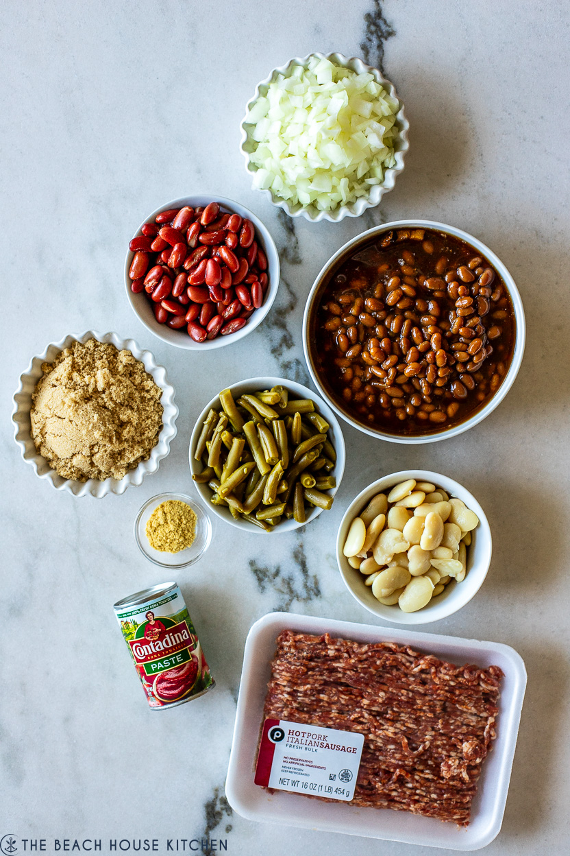 Overhead photo of ingredients for Slow Cooker Italian Baked Beans