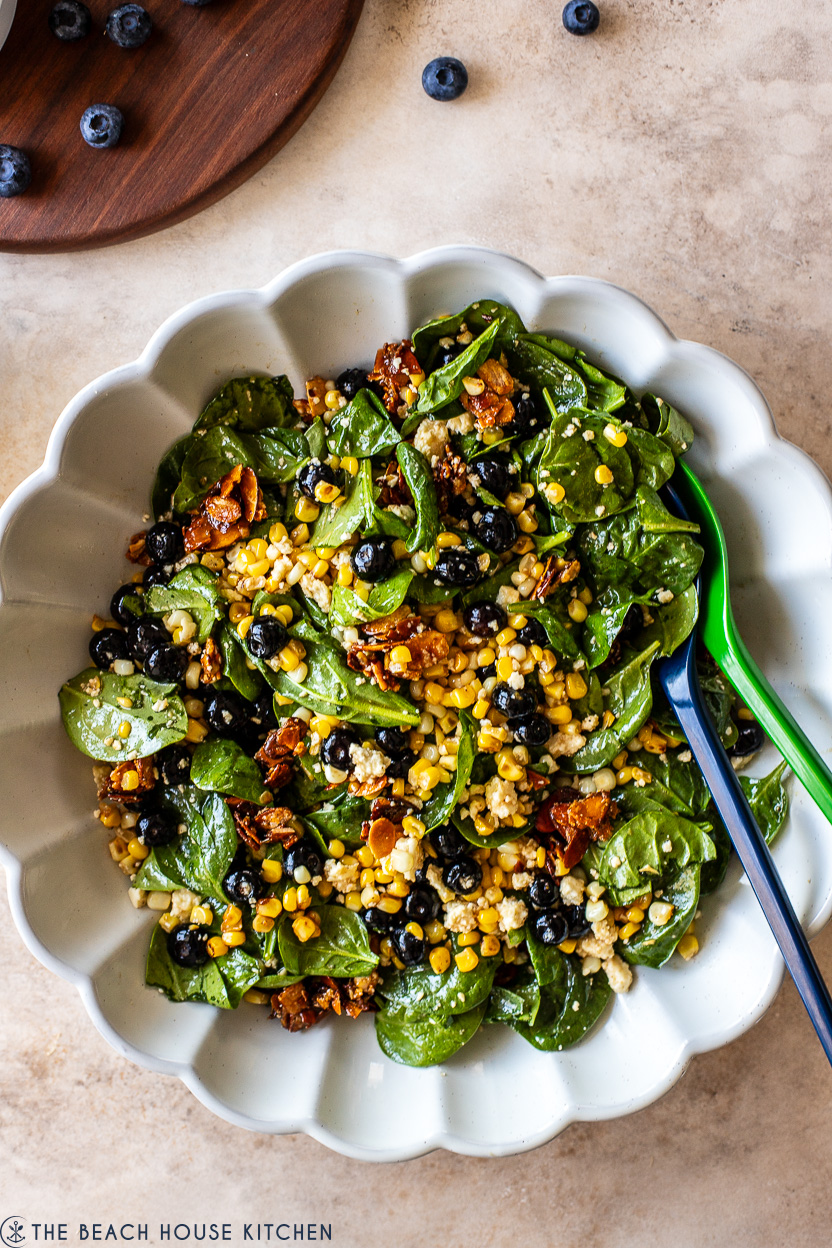 Up close overhead photo of a blueberry corn salad