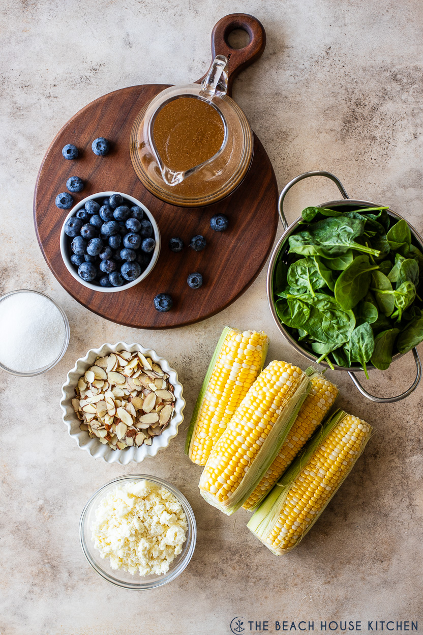 Overhead photo of ingredients for blueberry corn salad