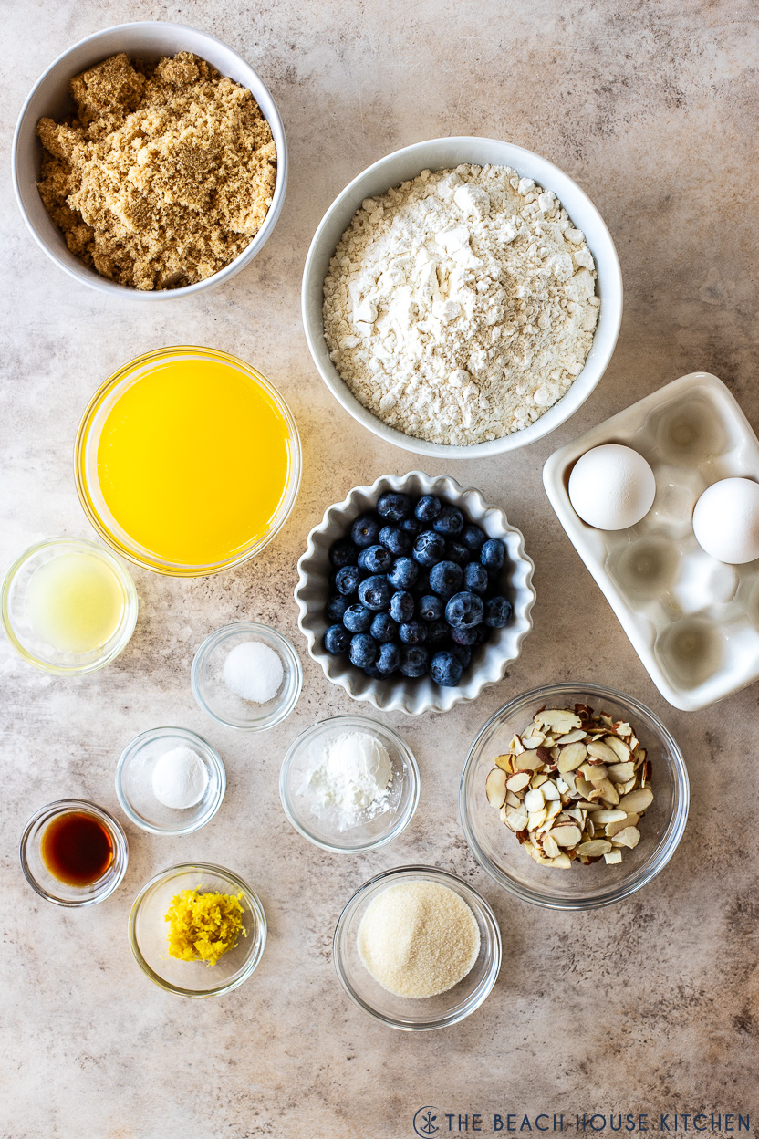 Overhead photo of ingredients for blueberry lemon blondies