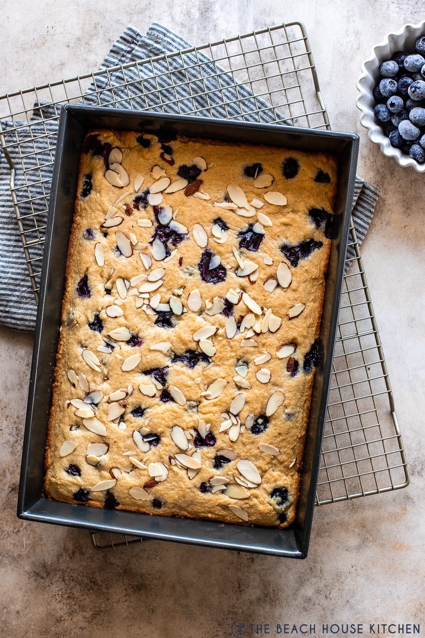 Overhead photo of a 13x9 pan of blueberry lemon blondies