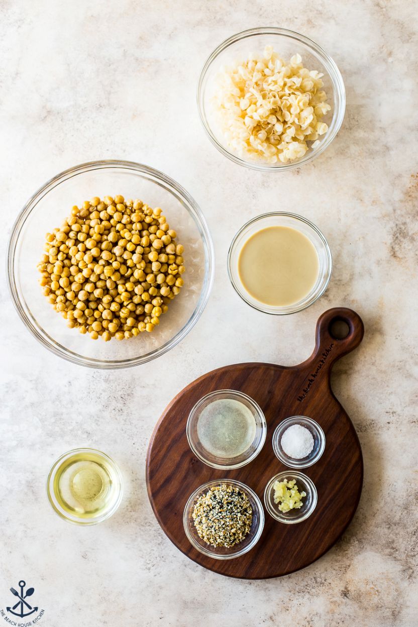 Overhead photo of ingredients for everything hummus