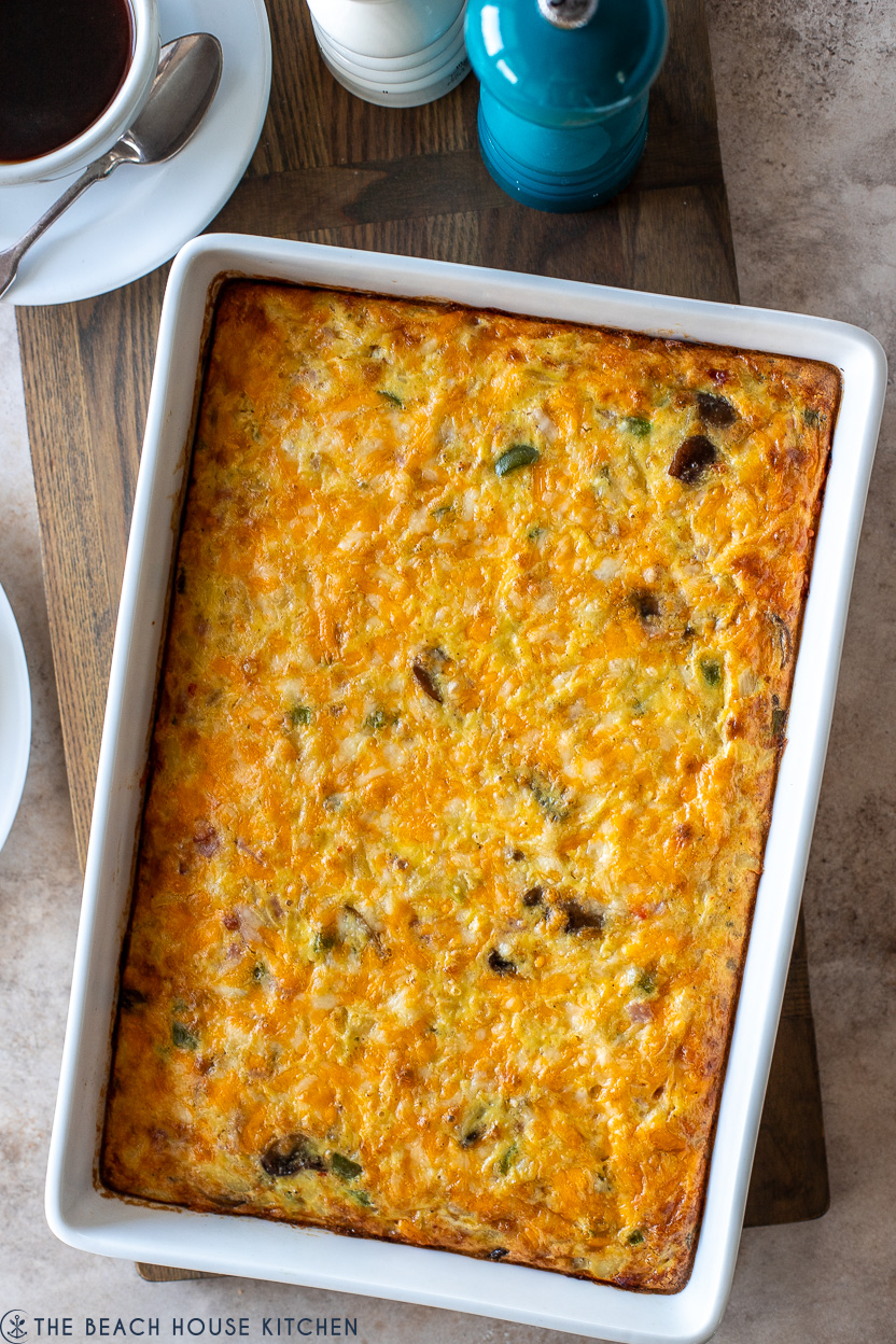 Up close overhead photo of a ham ad vegetable hash brown breakfast casserole
