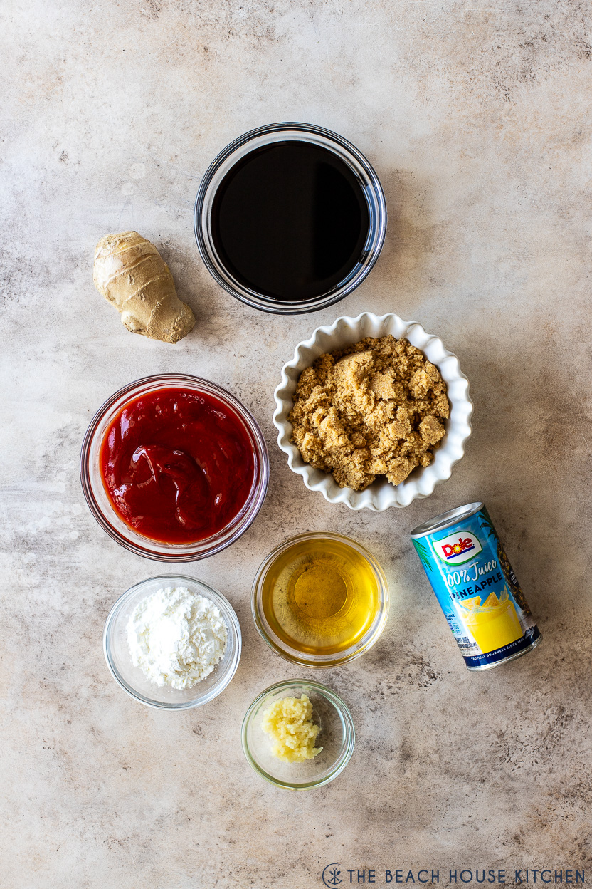 Overhead photo of ingredients for huli huli sauce