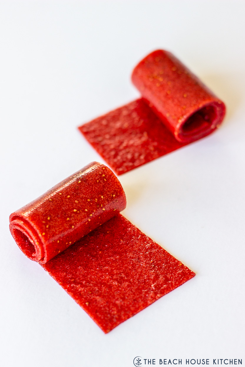 Up close photo of two strawberry fruit roll-ups