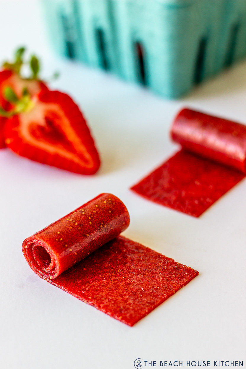Up close photo of a back to school strawberry fruit roll up
