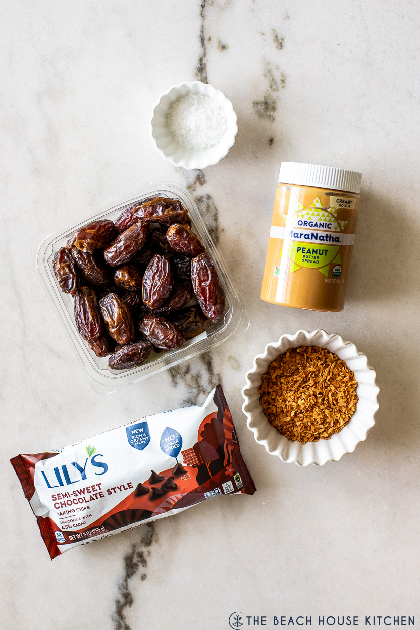 Overhead photo of ingredients for chocolate peanut butter coconut dates