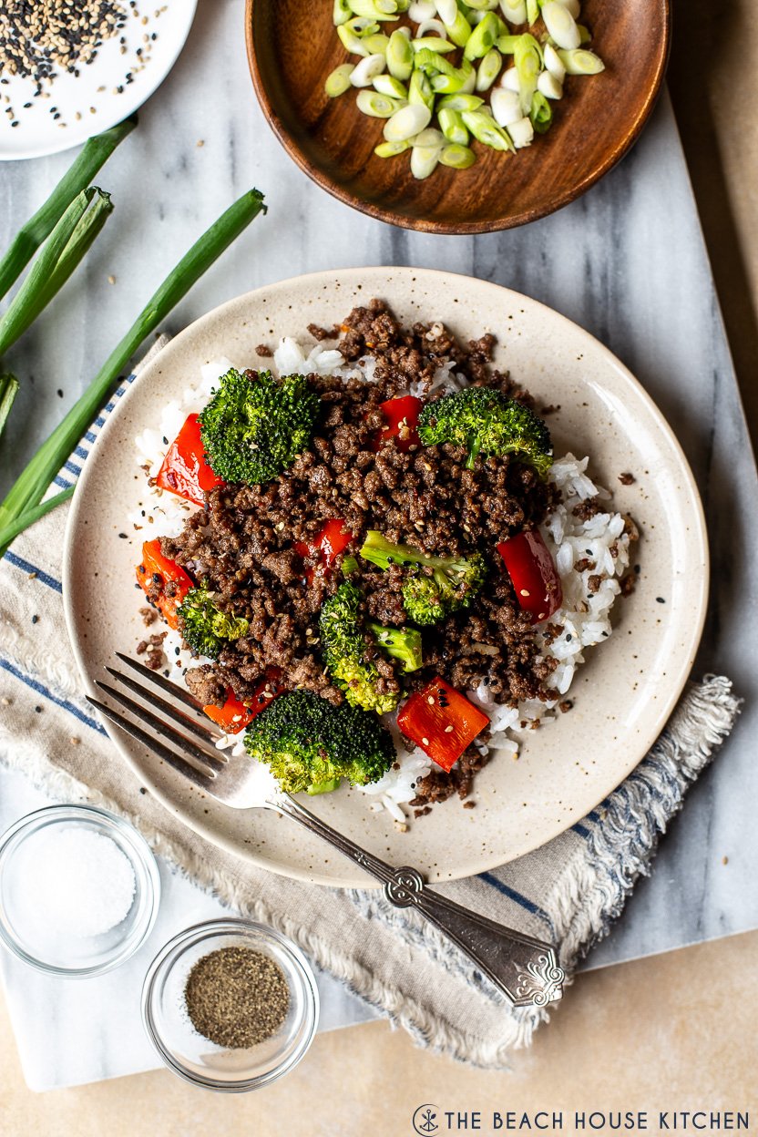 Up close overhead photo of a plate of Korean Ground Beef with Broccoli and Peppers