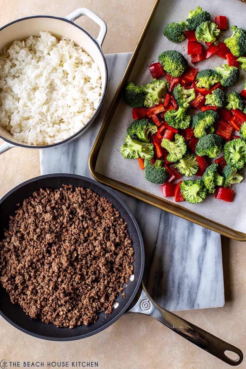 Overhead photo of ingredients for Korean Beef with Broccoli and Peppers and white rice