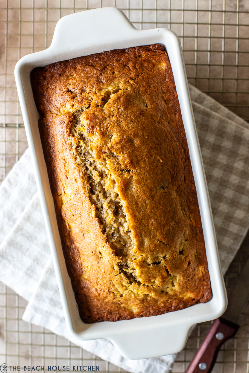Up close overhead photo of a loaf of peach bread