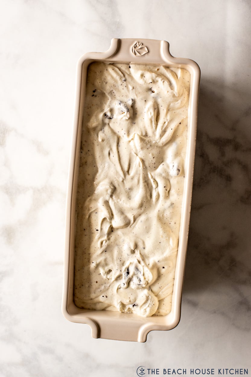 Overhead photo of a loaf pan filled with Oreo ice cream