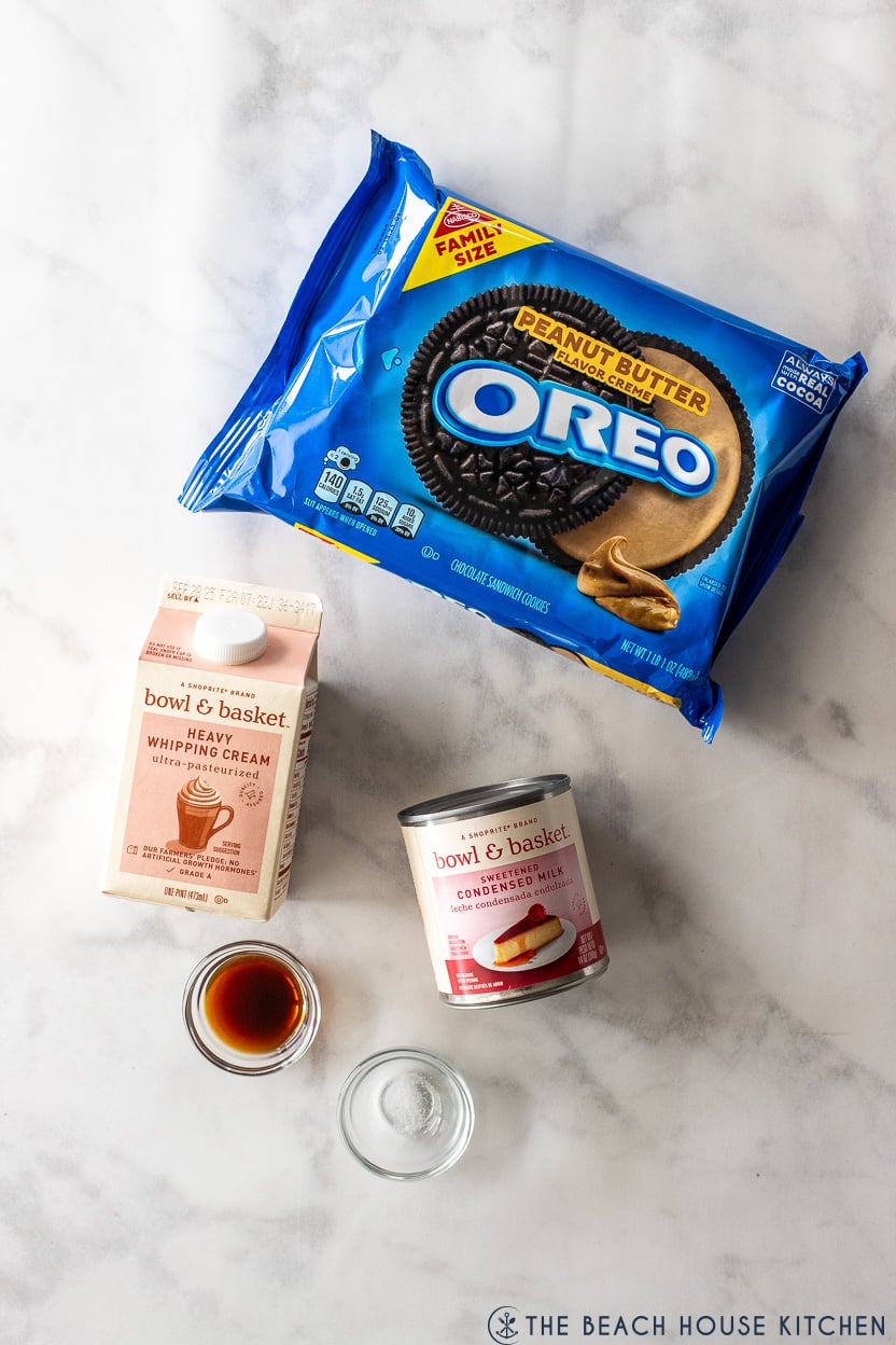Overhead photo of ingredients for oreo ice cream