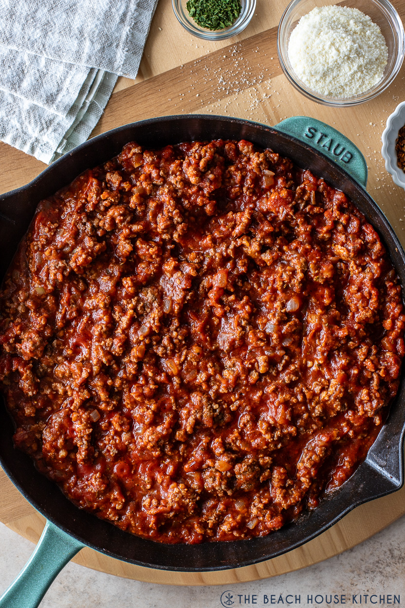 Up close overhead photo of a skillet of Italian Sloppy Joes meat